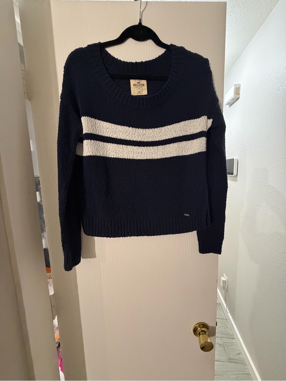 Hollister Navy Sweater with White Chest Stripes